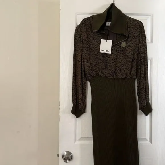 NWT Kenzo Fall/Winter 2020 Women’s Midi Leopard Mixed Material Dress - Picture 8 of 10